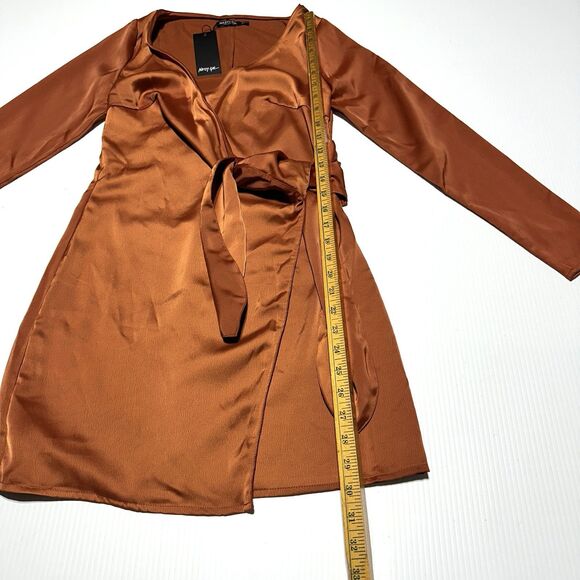 NASTY GAL Burnt Orange Faux Wrap Satin Mini  Dress Size 4 Long Sleeve NWT - Picture 11 of 12
